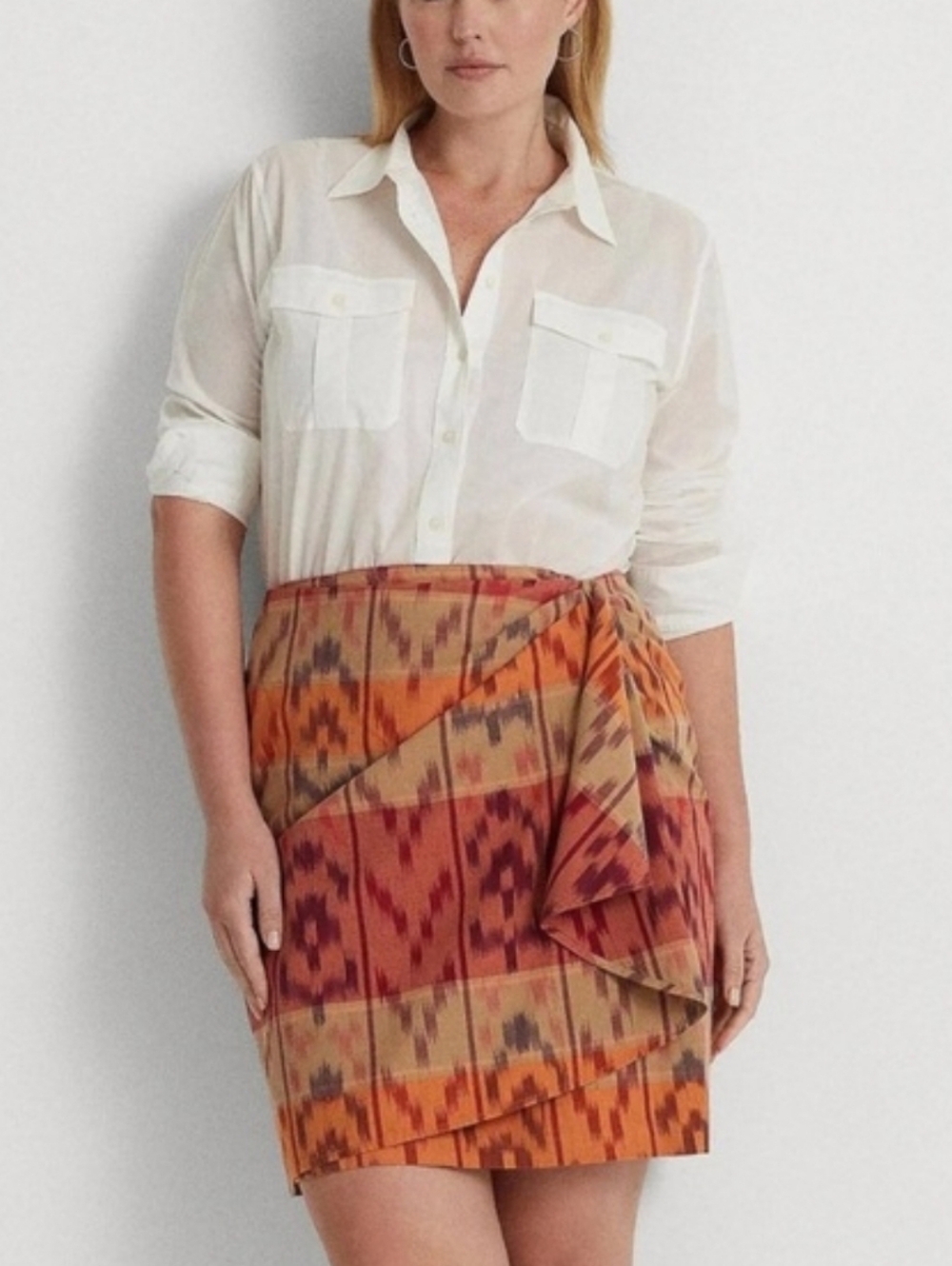 NWT Lauren Ralph Lauren Geo-Motif Cotton-Linen Wrap Skirt Size 18w